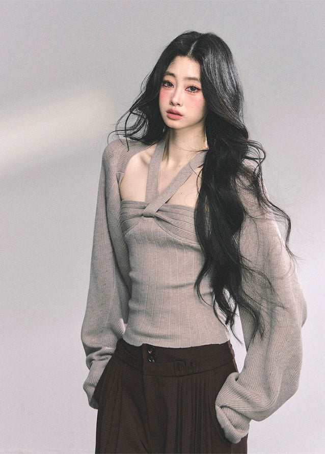 halter knit top set, two piece knit shawl, french style knit shirt, autumn halterneck knit, high end knitwear women, fw25 knit set, ribbed halter top women, layered knit long sleeve, elegant knit two piece outfit
