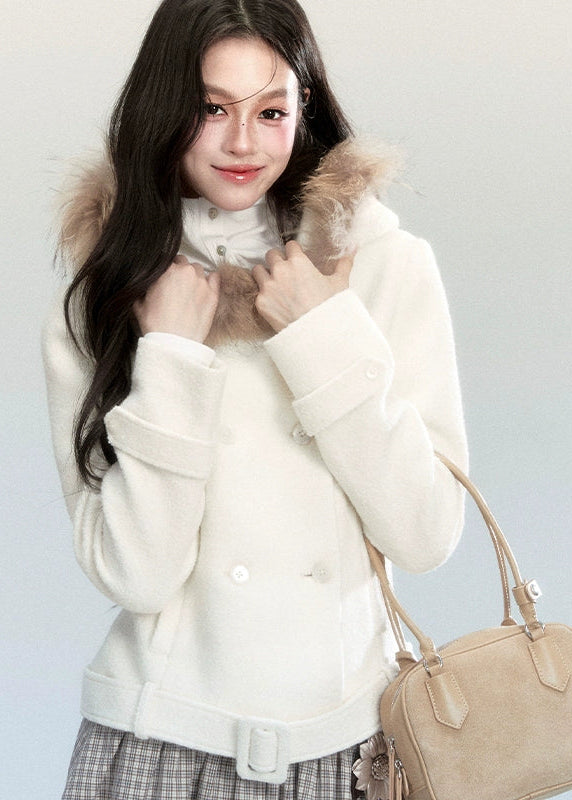 Fragileheart wool coat, cropped fur collar jacket, luxury Korean fashion, quiet luxury womenswear, beige tweed coat, pastel noir aesthetic, elegant winter outfit, short wool coat, K-fashion 2025, feminine outerwear, belted cropped jacket, modern Korean coat, soft winter fashion, sophisticated neutral outerwear
