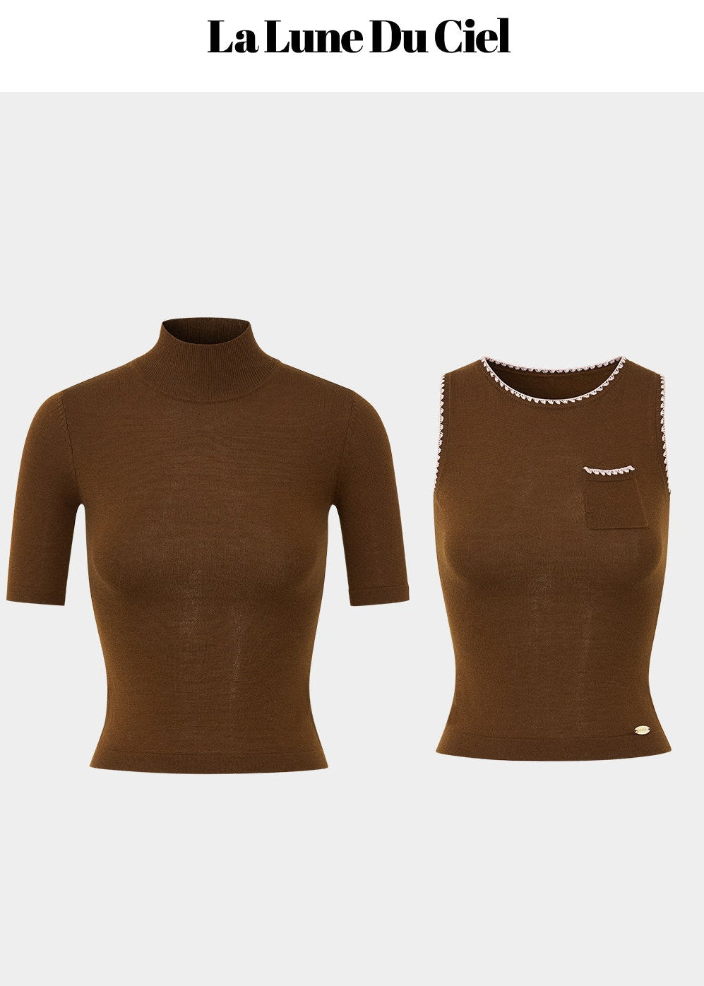LaluneDuCiel layered knit top women, Korean slim high neck top, feminine two piece knit tee, elegant Korean style fitted top, chic minimal knit shirt women, slim short sleeve knit top Korean fashion, everyday feminine knitwear women, versatile layered tee Korean style, stylish Korean fashion top