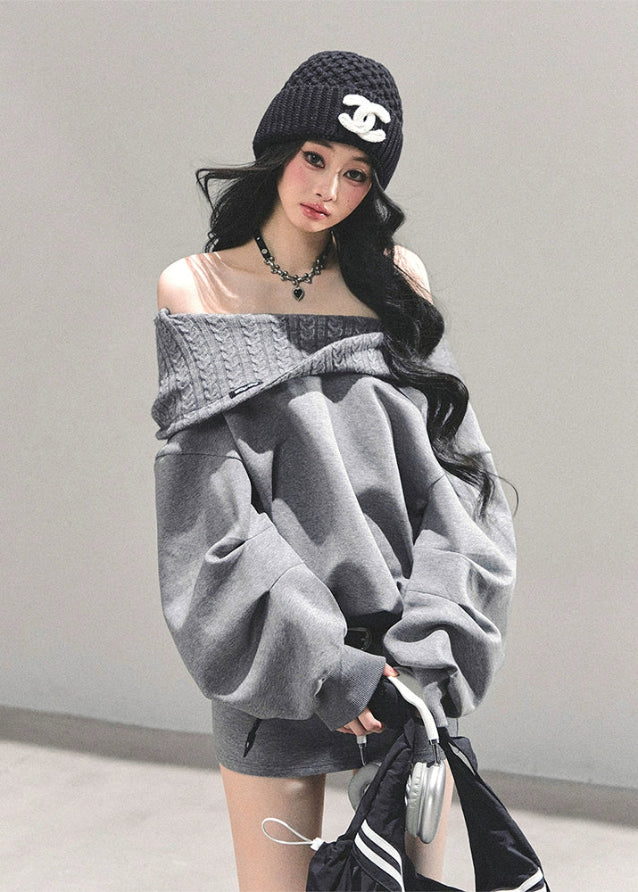 grey off shoulder dress, oversized sweatshirt dress, one shoulder sweat dress, autumn winter street dress, grey mini sweatshirt, american style sweater dress, fw25 oversized dress, korean street fashion dress, grey off shoulder top dress
