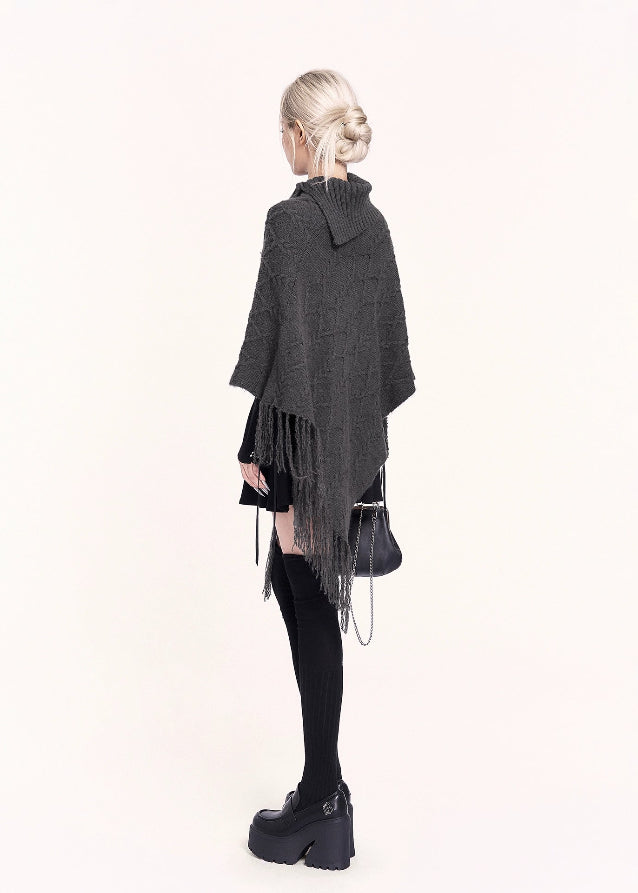 VOCK, y2k fashion, Korean style sweater, fringe cape sweater, knit shawl top, high neck poncho, asymmetric sweater, gothic knitwear, winter kawaii fashion, edgy streetwear top, Korean winter outfit, aesthetic dark fashion, high collar knit, poncho sweater women, irregular hem sweater, trendy winter tops women, Seoul fashion knit