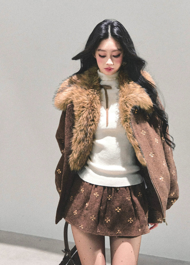 Whisper of Snowfall set, Maillard wool suit, Korean winter outfit, two-piece wool set, faux fur collar jacket, winter skirt set, AOMALM wool outfit, embroidered wool jacket, warm winter coordinates, Korean fashion winter set, cozy jacket and skirt set, feminine winter outfit, stylish wool two-piece, warm Maillard tone outfit, luxury winter clothing, cute winter suit women, Korean style jacket skirt set, soft wool winter wear, brown wool skirt set, fluffy collar winter jacket.