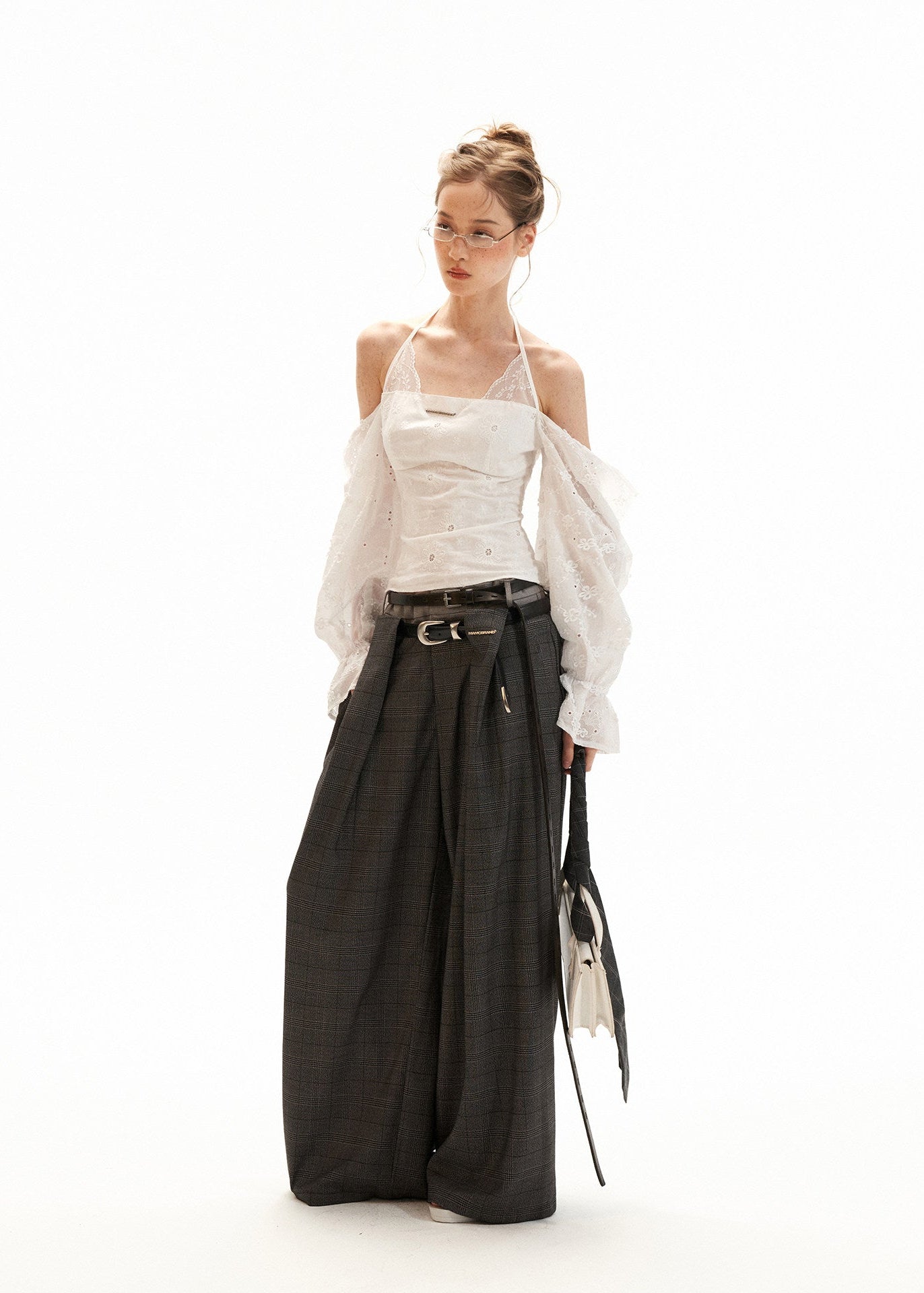 Slim white halter top with sheer embroidered sleeve detail