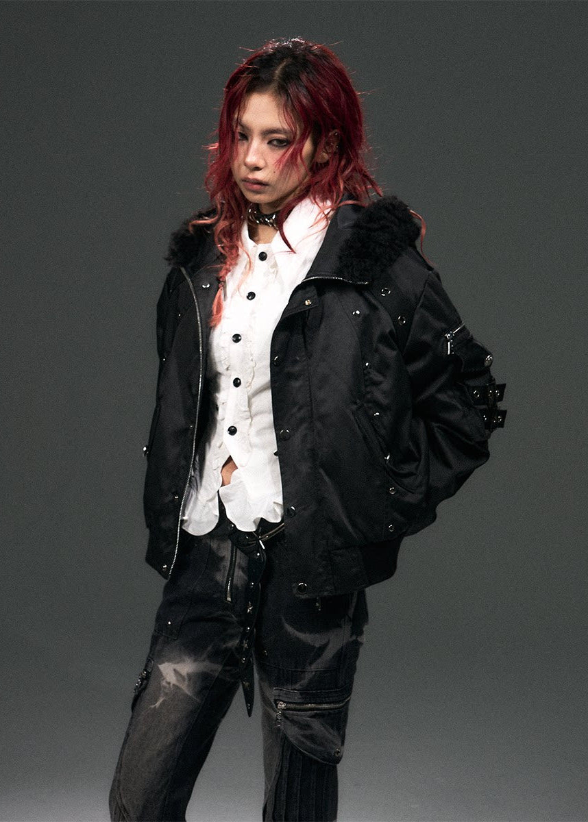 punk hooded jacket women, street punk coat, fur collar jacket women, edgy winter outerwear, dark street fashion jacket, oversized punk jacket, cotton winter coat women, alternative fashion outerwear, gothic street jacket, heavy winter streetwear, frustration garden jacket, edgy women coat, punk style winter jacket, statement black jacket women, industrial fashion outerwear