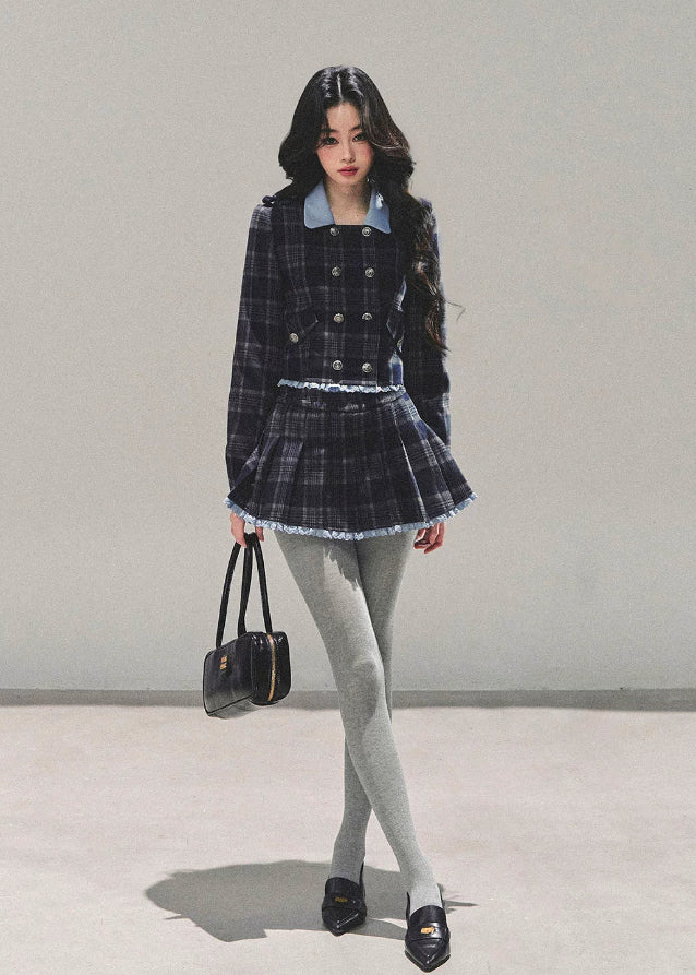 Proust Blue set, plaid suit set, collegiate jacket women, winter plaid skirt set, Korean two-piece outfit, AOMALM suit set, academic style outfit, Korean winter fashion, plaid mini skirt, tailored winter jacket, K-fashion set, blue plaid outfit, elegant winter outfit women, campus style clothing, wool blend jacket women, date outfit winter, Korean street style, cute two-piece set, winter feminine fashion, plaid matching set