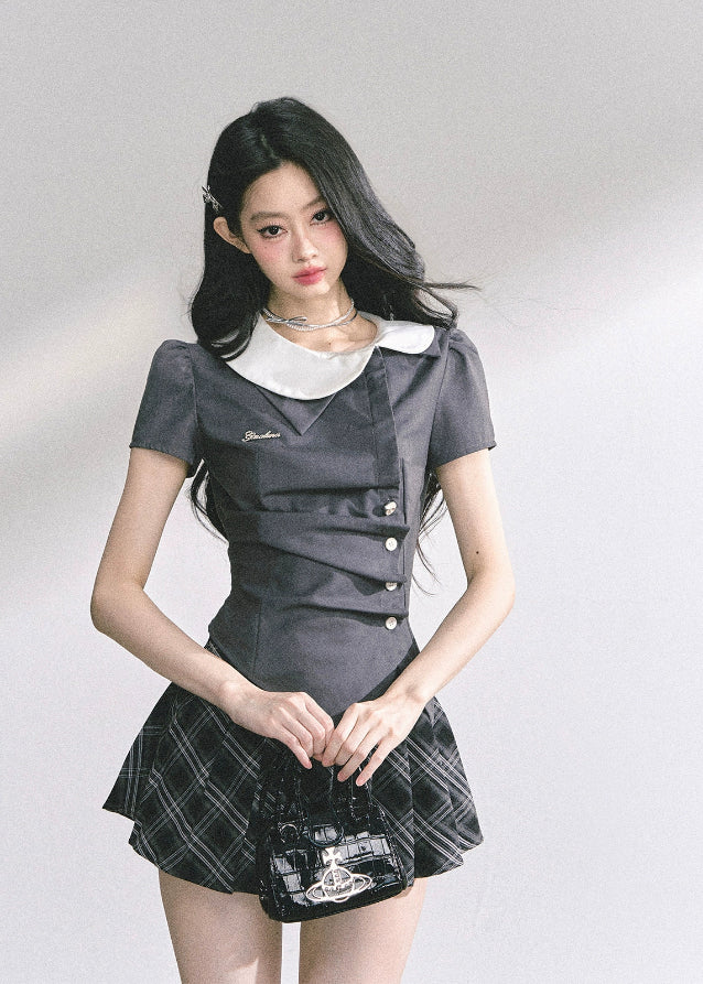 korean school girl outfit, two piece set women, y2k mini skirt set, seoul street fashion, preppy aesthetic outfit, short sleeve suit top, hot girl style clothing, korean fashion 2025, pleated mini skirt set, chic uniform look, korean preppy outfit, trendy korean set, summer matching outfit women, elegant french korean fashion