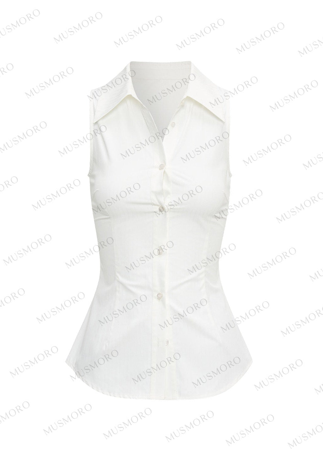 Black knit overlay with waist buckle paired with white button-front shirt