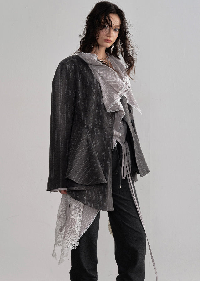 JNYLON asymmetric gray blazer women, Korean stylish tailored jacket, modern Korean fashion blazer, chic striped silhouette blazer, trendy Korean street chic outerwear, oversized gray blazer Korean style, urban fashion layering jacket women, stylish asymmetric tailored coat, minimalist Korean fashion blazer women, contemporary Korean blazer outfit
