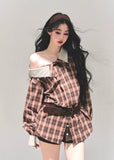 off shoulder plaid shirt, korean style plaid top, autumn winter plaid jacket, asymmetry neckline top, AOMALM plaid shirt women, street style plaid blouse, off shoulder check shirt jacket, korean fashion tops 2025, casual commuter shirt women, oversized plaid top, fall winter layering shirt, trendy checkered blouse womens, soft plaid jacket korean, chic off shoulder outerwear, brown plaid shirt jacket women