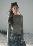 aomalm top, ruched long sleeve top, korean fashion top, slim fit spring top, shoulder cut out top, feminine korean blouse, soft stretch knit top, waist slimming top, elegant casual top, fitted grey top women, romantic spring outfit, modern korean style top