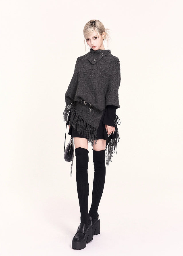 VOCK, y2k fashion, Korean style sweater, fringe cape sweater, knit shawl top, high neck poncho, asymmetric sweater, gothic knitwear, winter kawaii fashion, edgy streetwear top, Korean winter outfit, aesthetic dark fashion, high collar knit, poncho sweater women, irregular hem sweater, trendy winter tops women, Seoul fashion knit
