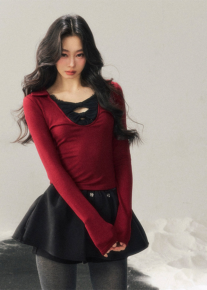 lace bow top, feminine knit top, korean style long sleeve top, slim fit women top, winter lace shirt, sexy knit top women, soft feminine top, korean fashion women, long sleeve knit shirt, elegant lace top, autumn winter women top, bodycon knit top, romantic lace blouse, layered winter top, aesthetic korean outfit, womens fashion knitwear