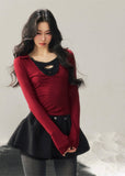 lace bow top, feminine knit top, korean style long sleeve top, slim fit women top, winter lace shirt, sexy knit top women, soft feminine top, korean fashion women, long sleeve knit shirt, elegant lace top, autumn winter women top, bodycon knit top, romantic lace blouse, layered winter top, aesthetic korean outfit, womens fashion knitwear