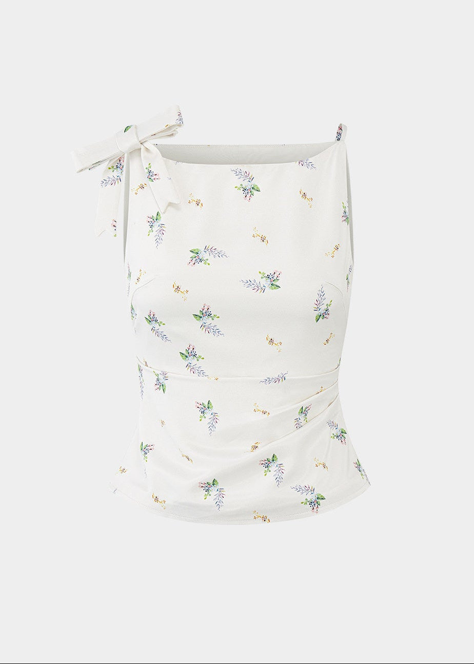 floral camisole set, bow shoulder top, floral skirt set, French floral two piece set, Korean feminine outfit, summer matching set, mermaid mini skirt set, detachable bow top, romantic floral outfit, white floral co-ord, elegant summer set, garden party outfit, sleeveless floral top, feminine skirt set, vacation outfit women