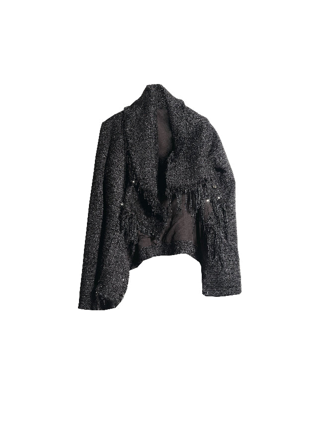 JNYLON asymmetric tweed jacket women, Korean stylish fringe jacket, modern Korean fashion artist coat, chic metal buckle jacket women, trendy Korean street chic outerwear, textured tweed style jacket Korean fashion, urban fashion fringe jacket women, stylish Korean aesthetic jacket, fashionable creative style outerwear women