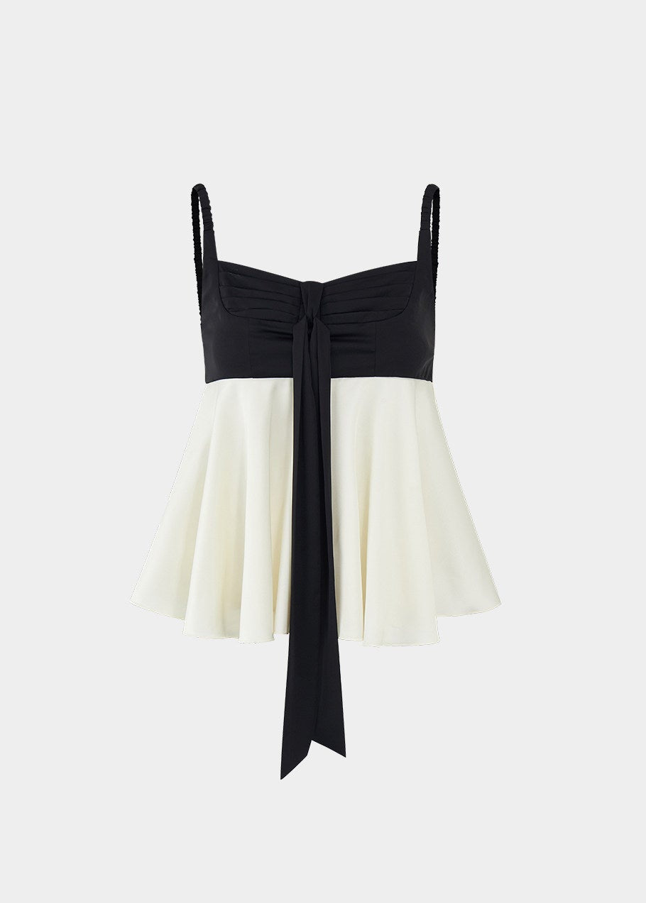 colorblock camisole top, black and cream cami, bow camisole top, vintage camisole women, Korean feminine top, babydoll cami top, flared camisole, romantic summer top, cream camisole blouse, simple vintage top, feminine Korean fashion, date outfit top, summer cami blouse, contrast color top, soft girly camisole