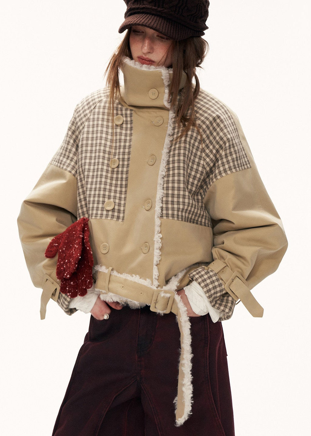 plaid spliced jacket women, fur collar jacket women, y2k street jacket, oversized lapel jacket, autumn winter jacket women, fashion street outerwear, casual statement jacket, retro inspired jacket, mixed fabric jacket women, trendy winter jacket, high fashion street jacket, mamc outerwear style, bold women jacket, streetwear coat women, y2k fashion jacket