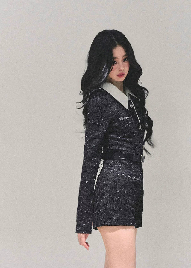 silent echo jumpsuit, AOMALM jumpsuit, Korean style romper, glitter one-piece suit, feminine jumpsuit, small fragrance style romper, winter Korean fashion, chic black jumpsuit women, short tweed jumpsuit, K-fashion outfits 2025
