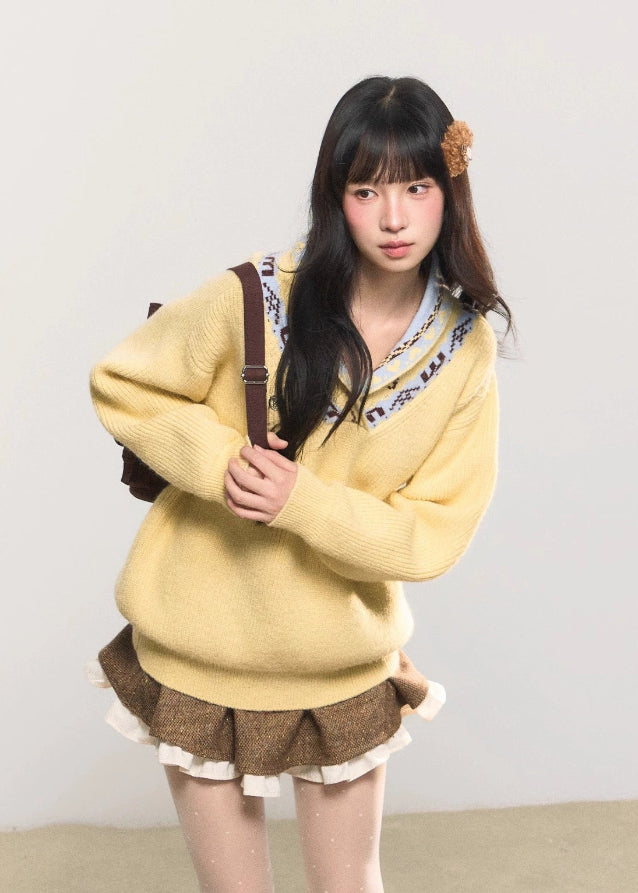 fair isle jacquard sweater, dual neckline knit top, off shoulder knit sweater, Korean girly knit, AW cozy pullover, umoumo soft knit, fair isle winter knitwear, feminine Korean sweater, v-neck jacquard knit, slouchy cute knit top, navy fair isle sweater, yellow winter knit, girly warm sweater, versatile neckline knit, Fragileheart aesthetic, cozy street girl look, soft winter knit fashion, Korean cute off shoulder style