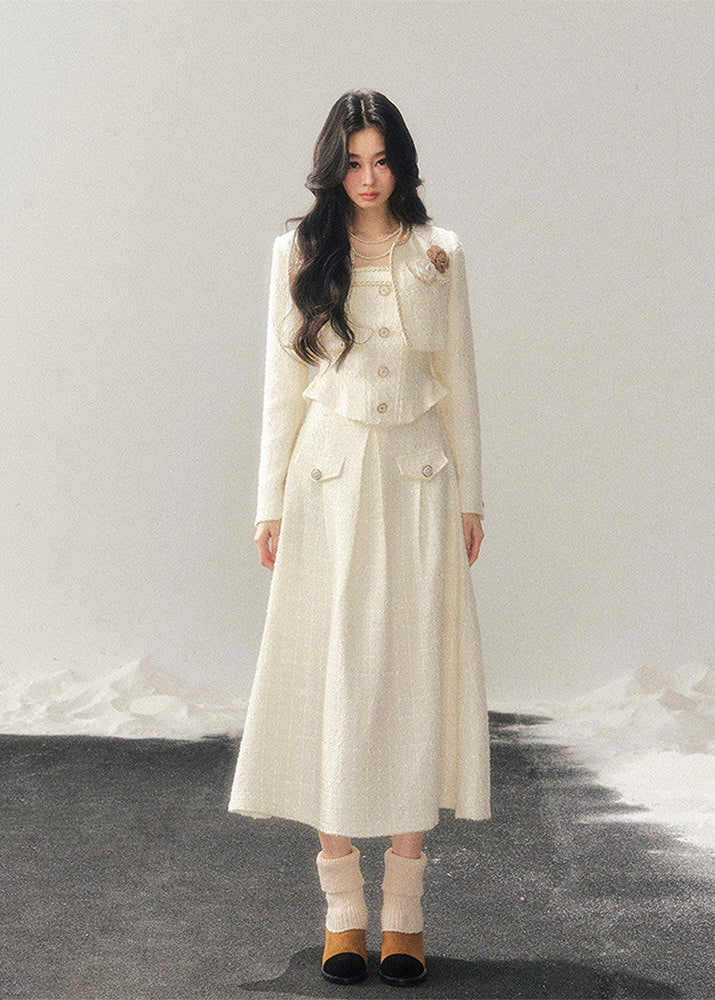 AOMALM, Korean feminine tweed set, winter three piece set women, French chic wool outfit, black tweed jacket skirt set, rich daughter style, elegant winter set, Korean fashion winter, feminine wool tweed, luxury winter outfit women, soft feminine aesthetic, classic black tweed, layered winter styling, boutique Korean brand, refined winter ensemble, slim silhouette winter set