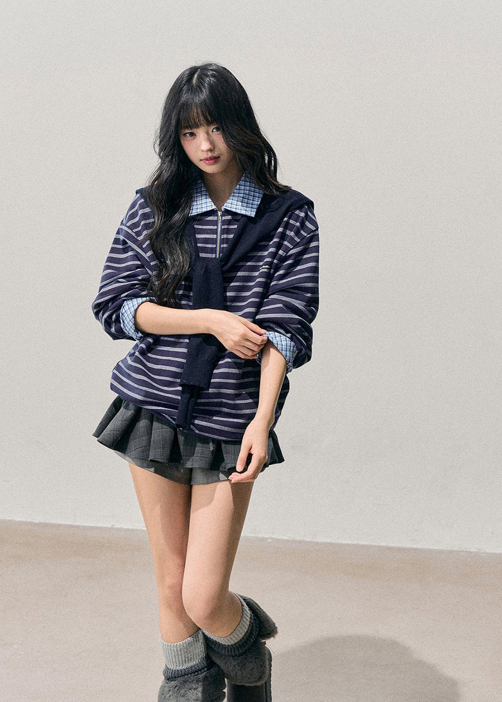 fake two top, layered polo knit, striped long sleeve top, AOMALM top, Korean fashion knit, winter striped polo, preppy layered shirt, women’s fake two sweater, soft knit pullover, autumn winter tops, Korean aesthetic outfit, American striped tee, polo collar knit, layered look sweater, casual winter knit top, streetwear Korean top, feminine preppy clothing, blue striped knit, layered illusion top