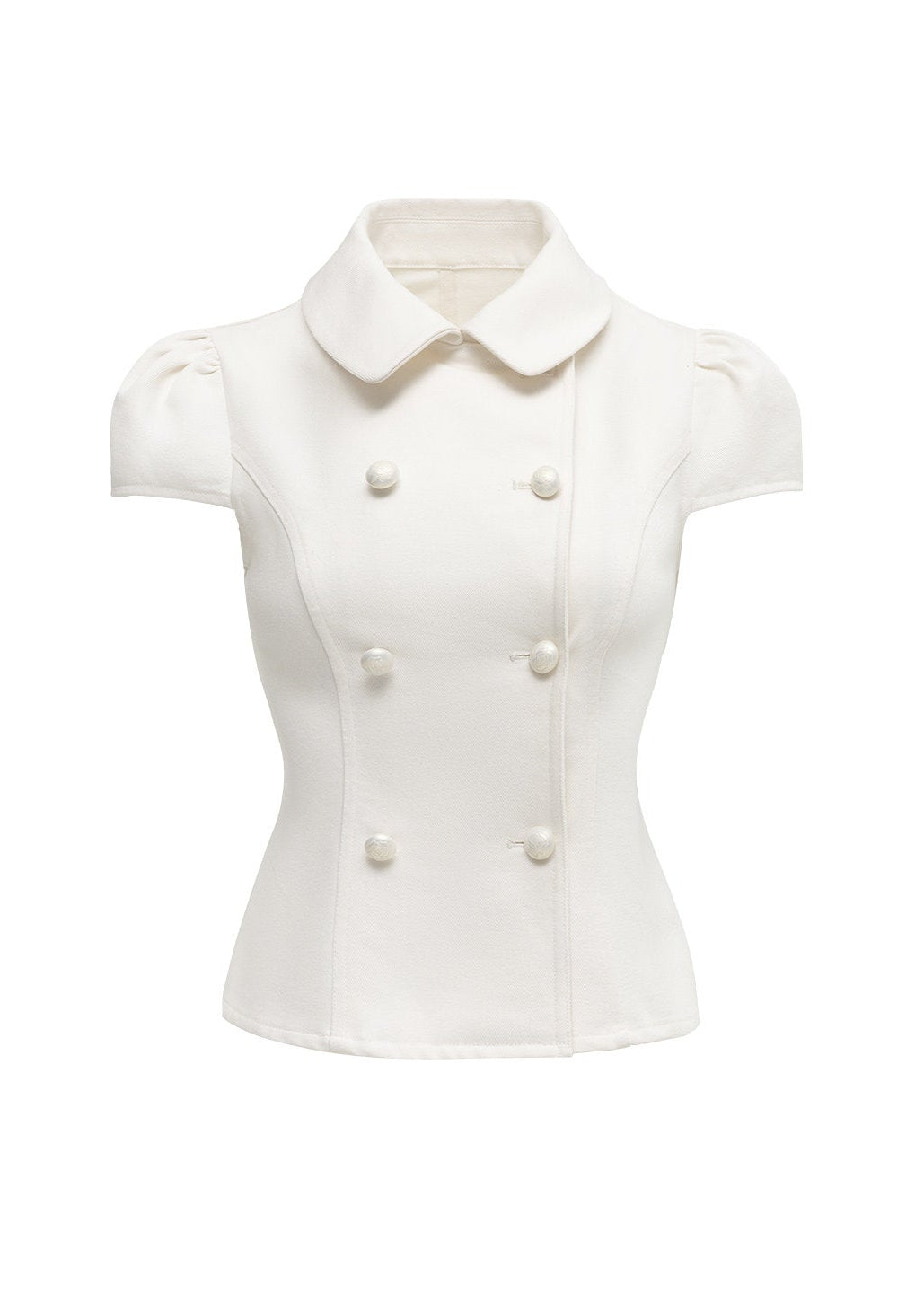 white denim shirt women, double breasted shirt women, doll collar blouse, french style summer shirt, short sleeve denim top, structured white top, chic summer outfit women, korean fashion blouse, modern casual shirt, elevated everyday top
