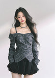 korean off shoulder long sleeve top, french drape blouse women, fake two piece asymmetrical top, korean autumn fashion top women, off shoulder plaid shirt top, elegant french style blouse, korean streetwear chic outfit, trendy korean top long sleeve, asymmetrical draped top women, hot girl fashion blouse korea, korean minimal chic outfit, seoul fashion top autumn, off shoulder slim fit shirt, korean preppy plaid shirt, london style korean top women