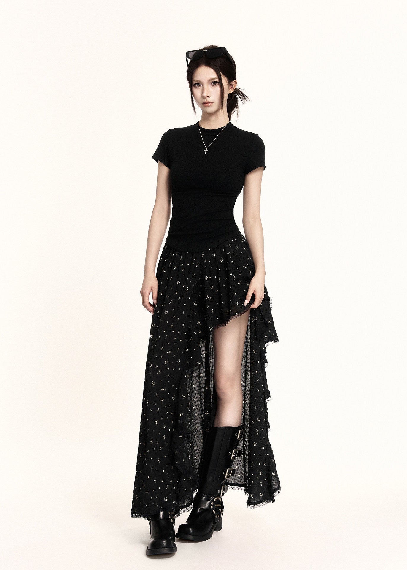 Black high-low ruffle skirt with a sheer layered hem
