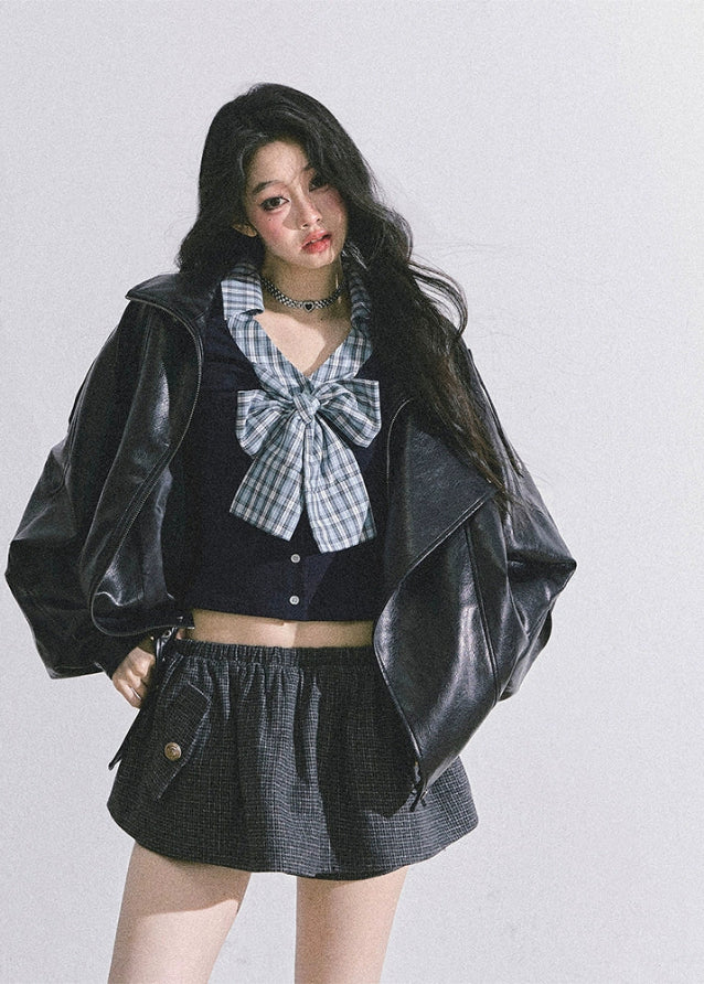 plaid bow top, faux two piece top, layered knit blouse, Korean style bow shirt, American prep knit top, plaid ribbon top, autumn slimming top women, trendy Korean American fashion, cute bow knit, campus girl outfit, elegant faux two piece shirt, plaid bow aesthetic top, boutique bow blouse, prep style knitwear
