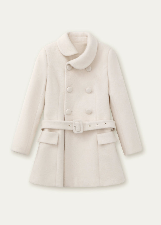 SunsetPark winter coat, double breasted wool coat, vintage lady coat, soft belted mid-length coat, furry collar winter jacket, elegant Korean winter outfit, feminine warm wool coat, cozy romantic winter style, ivory vintage coat, black vintage winter coat, soft lady coat, dreamy winter fashion, gentle warm belted coat, retro princess coat, AW Korean chic coat