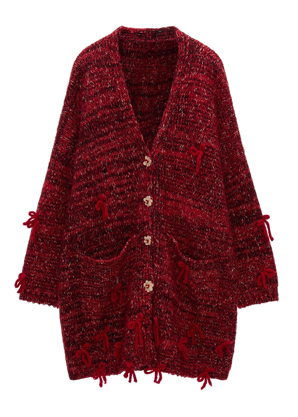 oversized knit jacket women, red chunky cardigan, y2k knit sweater jacket, mixed yarn knit top, loose fit winter sweater, street style knitwear women, midi length cardigan, fashion statement sweater, bow button knit jacket, trendy autumn winter knit, mamc knit style, cozy oversized sweater, high fashion street knit, casual winter cardigan, y2k fashion sweater