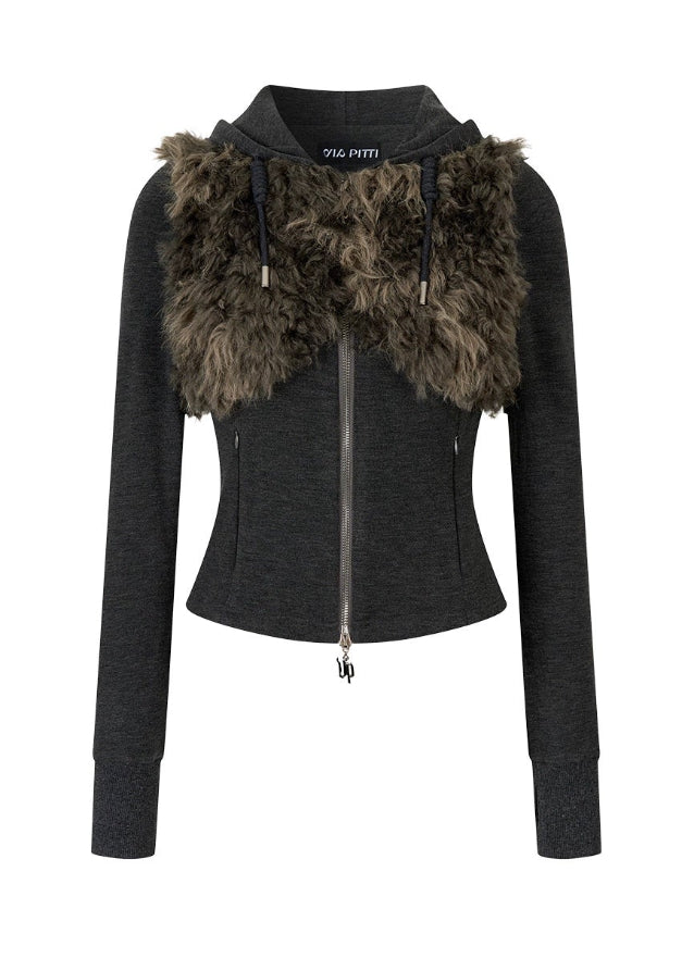 VIAPITTI fur hoodie, fur collar hoodie women, vintage fur trim jacket, cropped zip hoodie, slim fit fur sweatshirt, autumn winter streetwear hoodie, grunge style fur jacket, Korean edgy fashion hoodie, faux fur zip-up top, women’s slim street jacket
