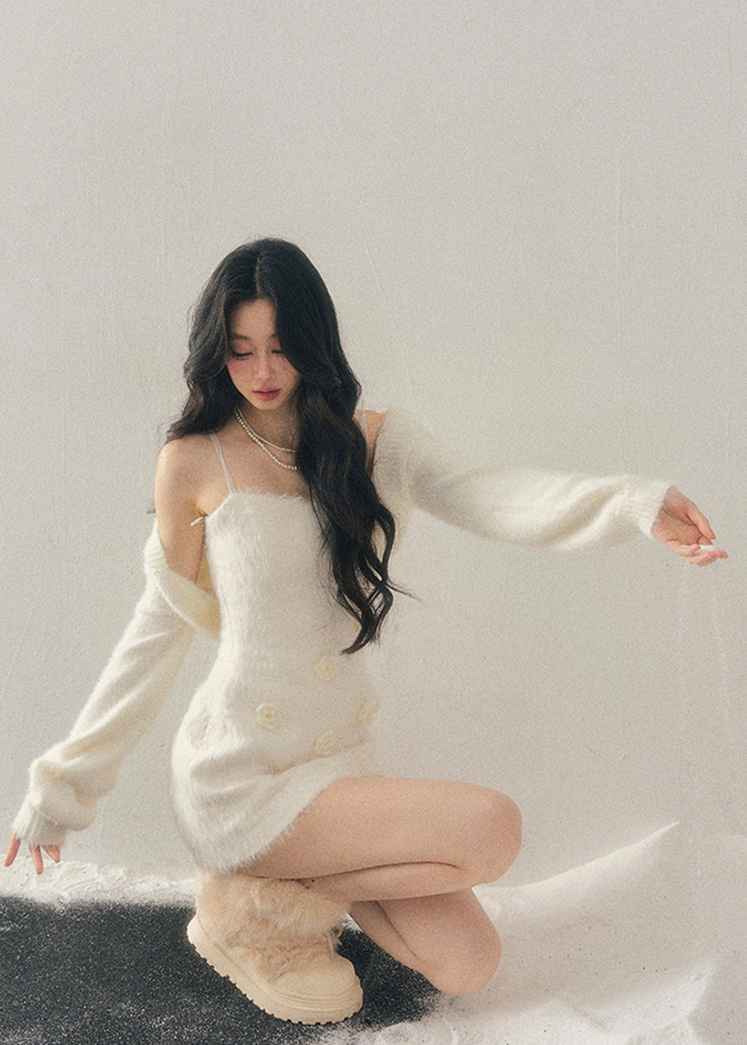 AOMALM dress, Korean winter dress, feminine knit dress, floral mini dress, 3D flower dress, sweet winter outfit, slim fit knit dress, French style dress, soft girl aesthetic, Korean fashion women, winter mini dress, elegant knit dress, romantic winter dress, aesthetic slip dress, trendy women’s dress, Korean aesthetic outfit, cozy winter dress