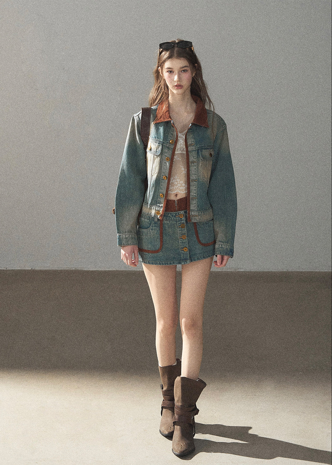 Washed denim jacket and mini skirt set