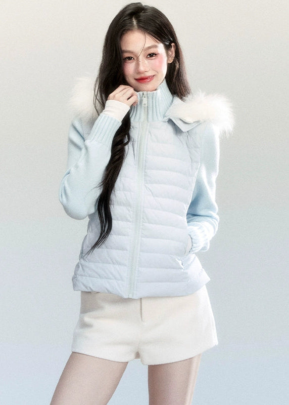Fragileheart down jacket, fur collar puffer, luxury Korean fashion, winter short coat, quiet luxury outerwear, pastel blue jacket, hooded down coat, K-fashion 2025, elegant winter outfit, soft feminine outerwear, pastel noir aesthetic, warm winter style, sky blue puffer, modern luxury womenswear
