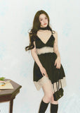 Deep V black slip dress with delicate contrast lace