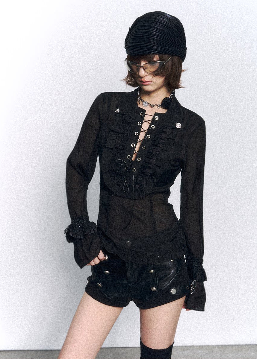 lace up top women, slim fit shirt women, sheer blouse women, grunge outfit women, edgy outfit women, street style top, punk style clothing, y2k edgy outfit, alternative fashion women, corset style top, black fitted blouse, urban streetwear women, mesh panel top, statement top women, fitted long sleeve top, rebellious fashion outfit, underground fashion women, dark aesthetic outfit, edgy streetwear women, slim gothic top