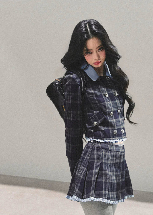 Proust Blue set, plaid suit set, collegiate jacket women, winter plaid skirt set, Korean two-piece outfit, AOMALM suit set, academic style outfit, Korean winter fashion, plaid mini skirt, tailored winter jacket, K-fashion set, blue plaid outfit, elegant winter outfit women, campus style clothing, wool blend jacket women, date outfit winter, Korean street style, cute two-piece set, winter feminine fashion, plaid matching set