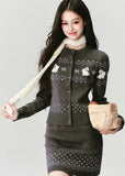 Fragileheart knit set, Fair Isle sweater outfit, winter Korean fashion, bunny pattern cardigan, luxury feminine knitwear, quiet luxury winter style, pastel noir aesthetic, elegant two-piece knit set, cozy winter outfit, K-fashion 2025, cute chic knit ensemble, rabbit motif sweater, romantic knit skirt look, soft feminine fashion
