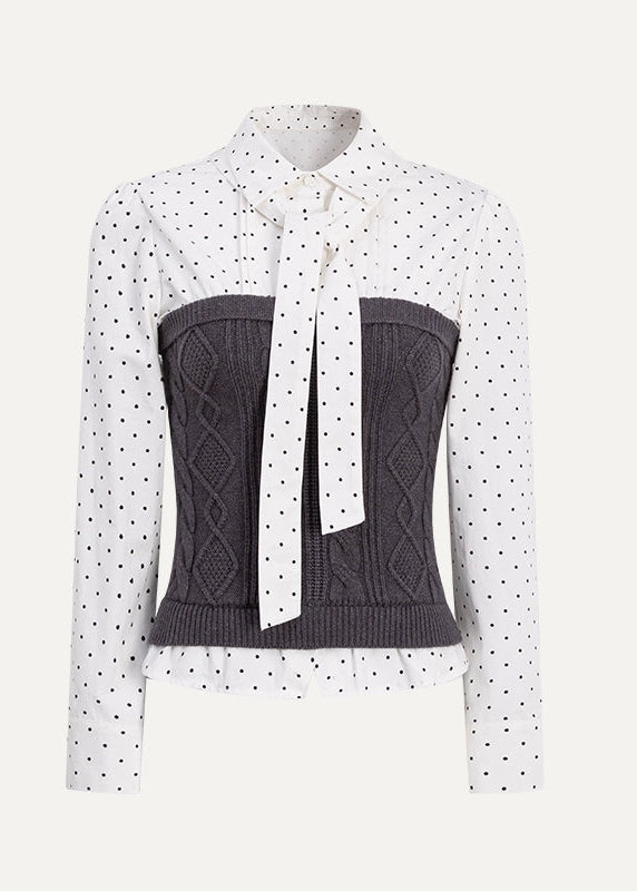 polka dot bow tie blouse, Korean pleated skirt set, ribbon collar top and skirt, K fashion two piece outfit, cute dot blouse women, winter pleated mini skirt set, layered patchwork blouse, feminine Korean outfit, school style skirt set, dot print ribbon blouse
