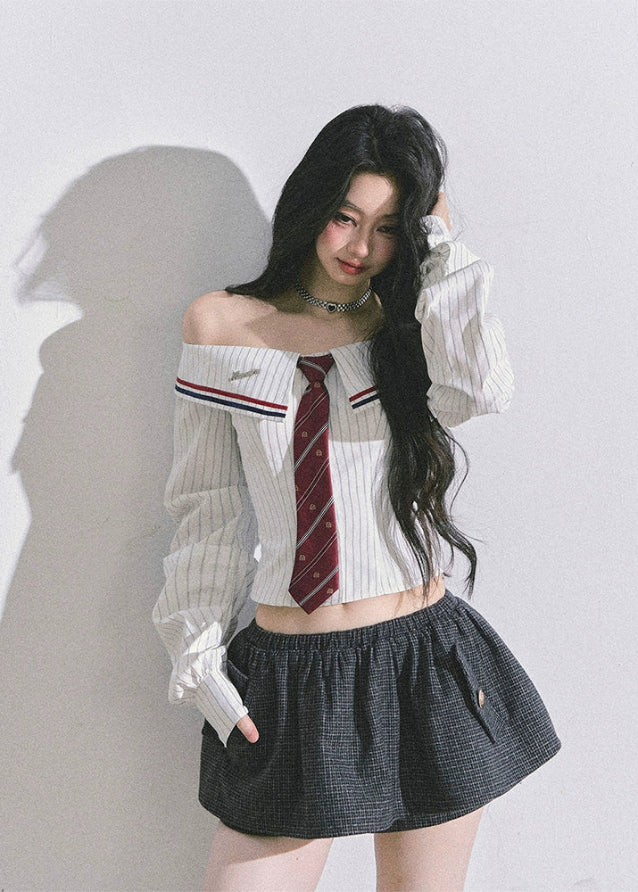 off shoulder striped shirt women, korean style off shoulder top, seoul fashion blouse, long sleeve bardot striped top, cute commuter top women, korean american street style shirt, preppy stripe blouse, autumn slim fit top women, trendy off shoulder blouse, pinstripe bardot top, school girl aesthetic top
