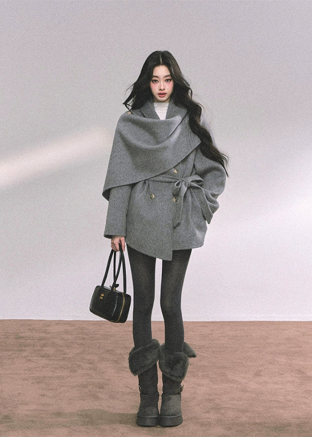 reversible wool coat women, french style wool jacket, draped shawl wool coat, winter warm woolen coat, grey wrap wool coat, loose wool jacket autumn winter, fw25 wool outerwear, double sided wool coat, elegant winter coat women
