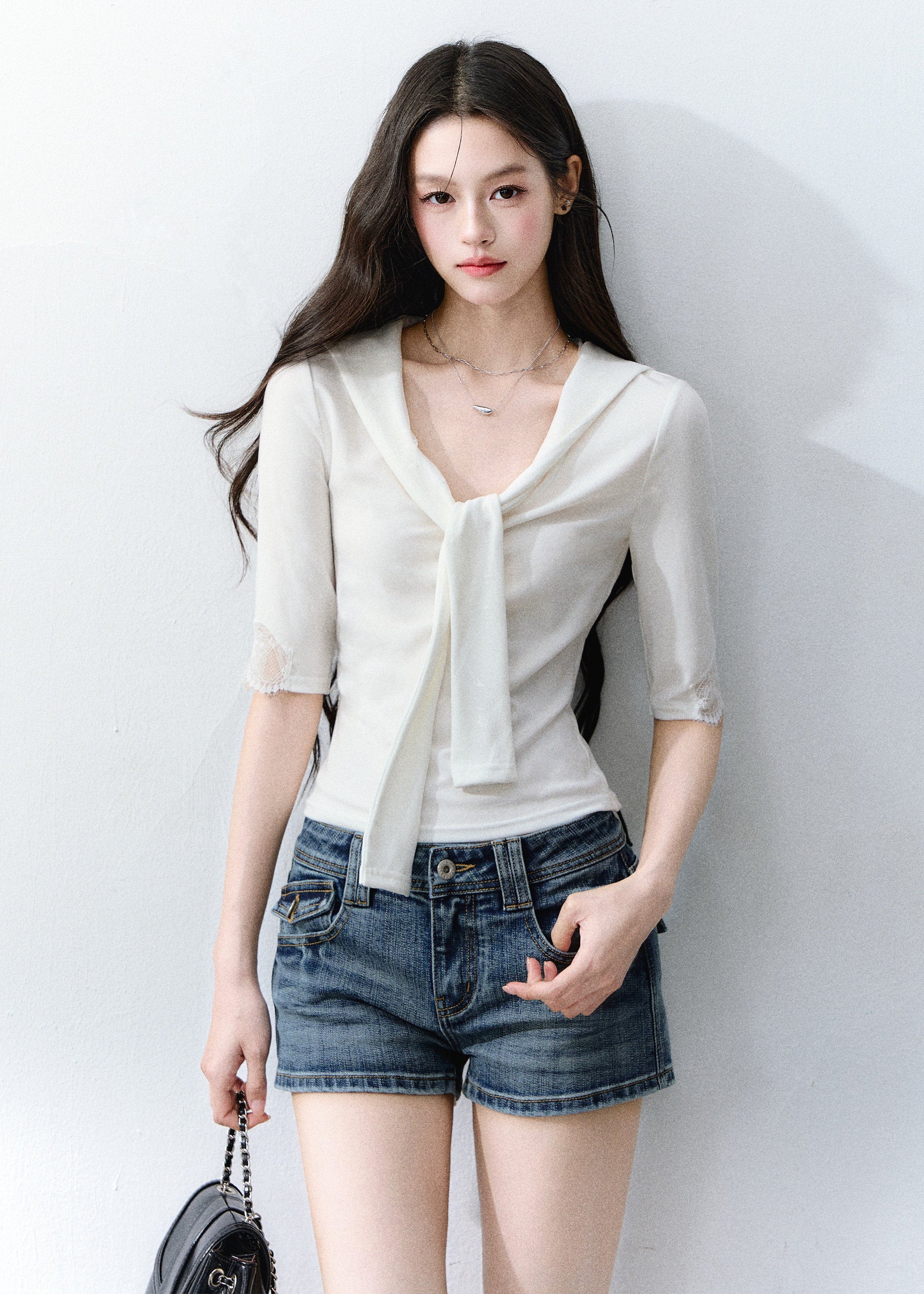 fragileheart top, white lace tie top, korean feminine top, pure desire lace top, slim lace t-shirt, tie neck top women, glass candy top, feminine korean fashion, lace summer top, soft white blouse, romantic fitted top, korean summer outfit
