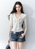 fragileheart top, white lace tie top, korean feminine top, pure desire lace top, slim lace t-shirt, tie neck top women, glass candy top, feminine korean fashion, lace summer top, soft white blouse, romantic fitted top, korean summer outfit