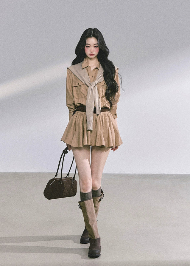 korean cargo dress, french hepburn dress, autumn flare shirt dress women, belted short cargo dress, korean academia style outfit, korean autumn mini dress, beige button up dress, seoul preppy girl fashion, korean elegant cargo dress, hepburn french chic outfit, soft academia korean fashion, korean shirt dress long sleeve, korean fall 2025 dress, stylish cargo mini dress, waist slimming flare dress