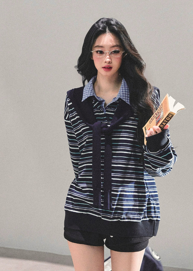 striped polo shirt women, fake two piece top, american style striped tee, layered polo collar shirt, autumn winter striped top, preppy stripe long sleeve, fw25 layered shirt women, korean retro stripe top, oversized stripe polo tee
