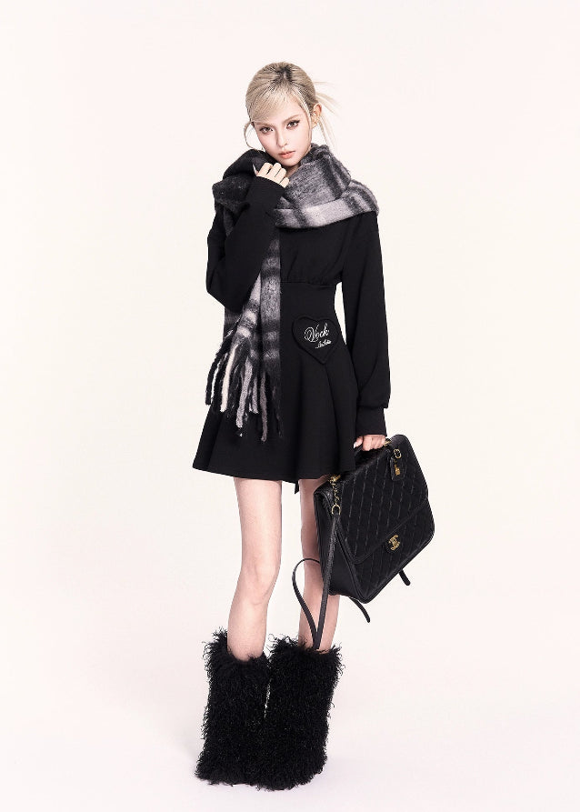 VOCK, y2k dress, Korean style dress, lace-up back dress, corset back mini dress, sweet cool girl outfit, black flare sweatshirt dress, slimming waist dress, winter cute dress, aesthetic mini dress, Korean fashion 2025, street style dress women, soft girl dark outfit, adjustable waist dress, holiday black dress, kawaii dark fashion, trendy sweatshirt dress women