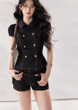 black denim set women, denim two piece set, structured denim outfit, double breasted top women, summer co ord set women, black short set outfit, modern minimalist outfit women, tailored denim set, chic summer outfit women, city style outfit women, fashion forward set women, clean line outfit women, edgy minimal fashion, elevated casual outfit, trendy denim set women