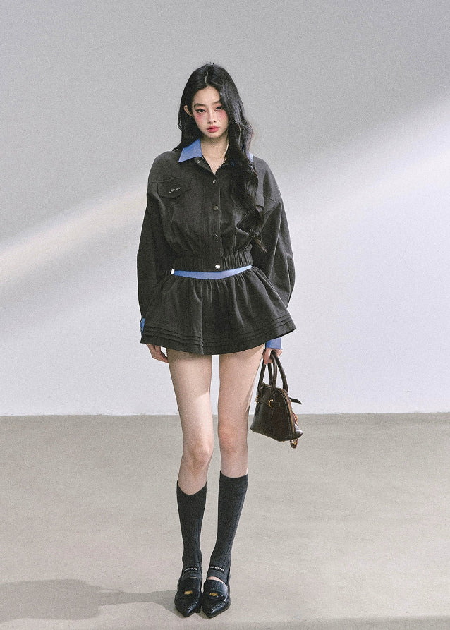 korean cargo skirt set women, hepburn style two piece set, korean fashion autumn suit, utility jacket mini skirt outfit, seoul street style set, french inspired outfit women, chic korean jacket skirt, black cargo jacket women, korean preppy style outfit, modern elegant korean fashion, hepburn mini skirt set, high end autumn women set, korean two piece skirt set, cargo chic streetwear women, korean hot girl outfit fall