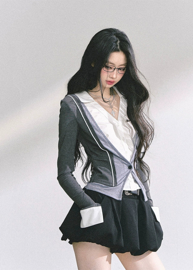 korean fake two piece top, british prep style knit, korean long sleeve polo top, seoul fashion top women, korean streetwear chic outfit, slim fit preppy top women, british college inspired blouse, korean hot girl street fashion, plaid accent layered top, korean fall outfit long sleeve, slim waist design top, trendy korean autumn top, korean aesthetic fashion, london prep chic top, korean fashion two piece illusion blouse